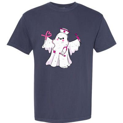 Boo Nurse Ghost Scrub Top Halloween Breast Cancer Awareness Garment-Dyed Heavyweight T-Shirt