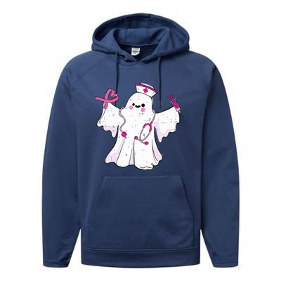 Boo Nurse Ghost Scrub Top Halloween Breast Cancer Awareness Performance Fleece Hoodie