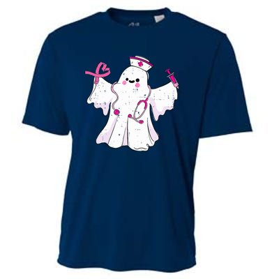 Boo Nurse Ghost Scrub Top Halloween Breast Cancer Awareness Cooling Performance Crew T-Shirt