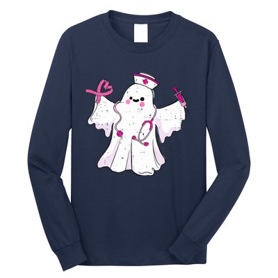 Boo Nurse Ghost Scrub Top Halloween Breast Cancer Awareness Long Sleeve Shirt