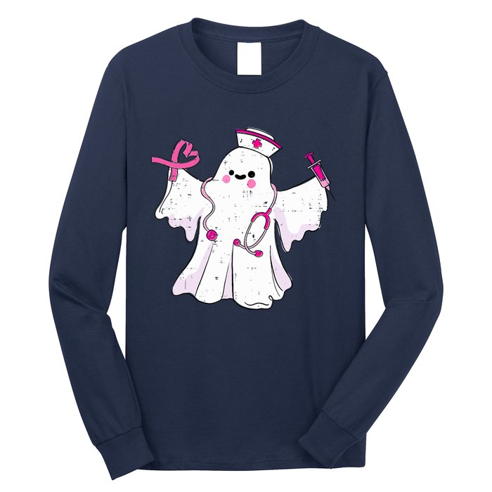 Boo Nurse Ghost Scrub Top Halloween Breast Cancer Awareness Long Sleeve Shirt