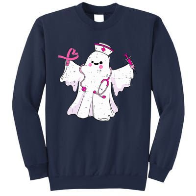 Boo Nurse Ghost Scrub Top Halloween Breast Cancer Awareness Sweatshirt