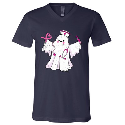 Boo Nurse Ghost Scrub Top Halloween Breast Cancer Awareness V-Neck T-Shirt