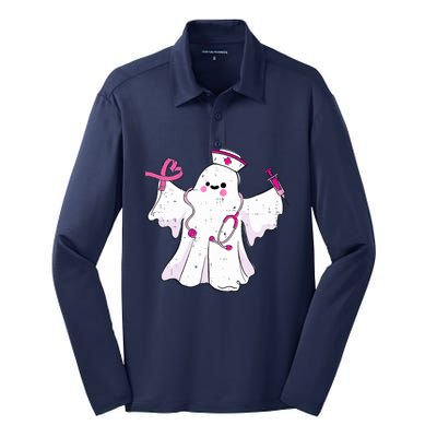 Boo Nurse Ghost Scrub Top Halloween Breast Cancer Awareness Silk Touch Performance Long Sleeve Polo