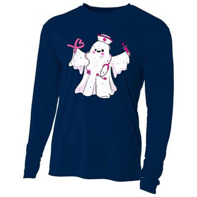 Boo Nurse Ghost Scrub Top Halloween Breast Cancer Awareness Cooling Performance Long Sleeve Crew