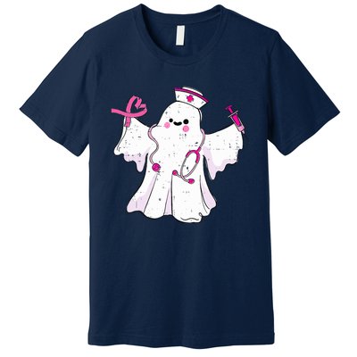 Boo Nurse Ghost Scrub Top Halloween Breast Cancer Awareness Premium T-Shirt