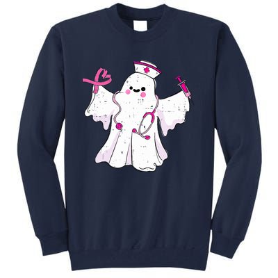 Boo Nurse Ghost Scrub Top Halloween Breast Cancer Awareness Tall Sweatshirt