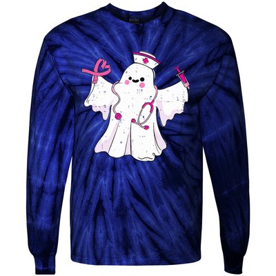 Boo Nurse Ghost Scrub Top Halloween Breast Cancer Awareness Tie-Dye Long Sleeve Shirt