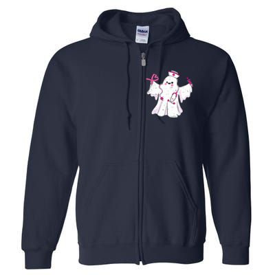 Boo Nurse Ghost Scrub Top Halloween Breast Cancer Awareness Full Zip Hoodie