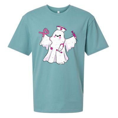 Boo Nurse Ghost Scrub Top Halloween Breast Cancer Awareness Sueded Cloud Jersey T-Shirt