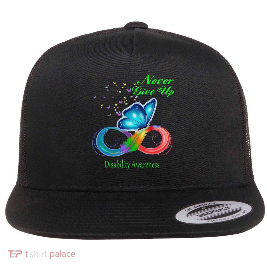 Butterfly Never Give Up Disability Awareness Flat Bill Trucker Hat