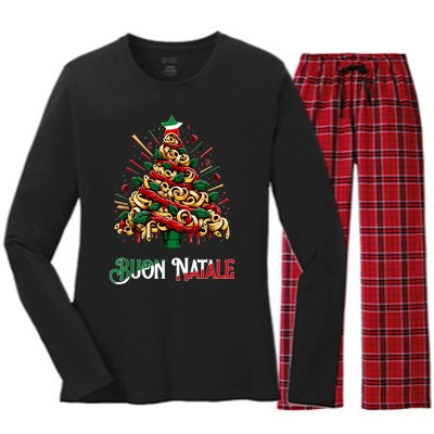 Buon Natale Italian Pasta Christmas Tree Xmas Women's Long Sleeve Flannel Pajama Set 