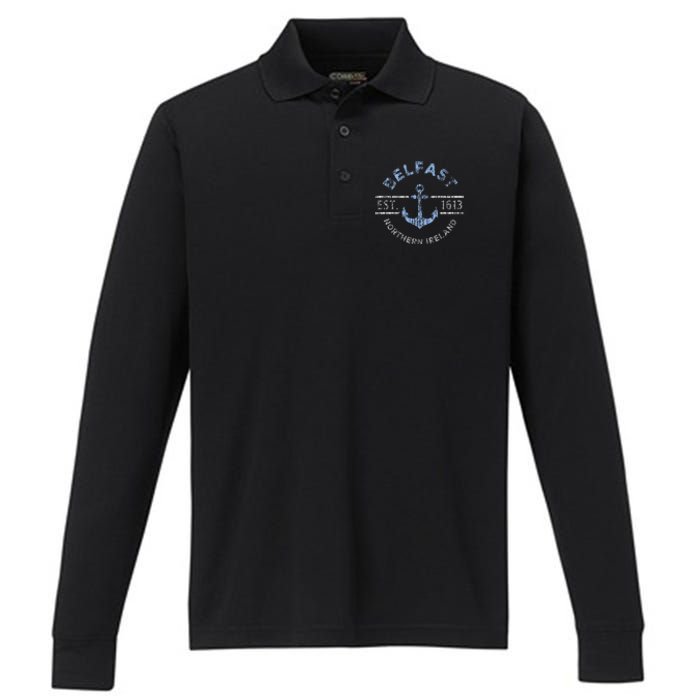 Belfast Northern Ireland Anchor Established 1613 Performance Long Sleeve Polo