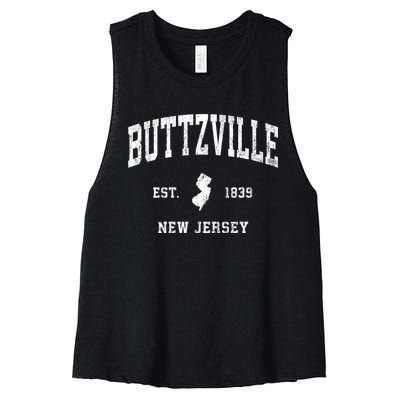 Buttzville New Jersey Nj Vintage Athletic Black Sports Women's Racerback Cropped Tank