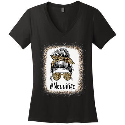 Bleached Nonni Life Messy Hair Bun Leopard Mother's Day Women's V-Neck T-Shirt