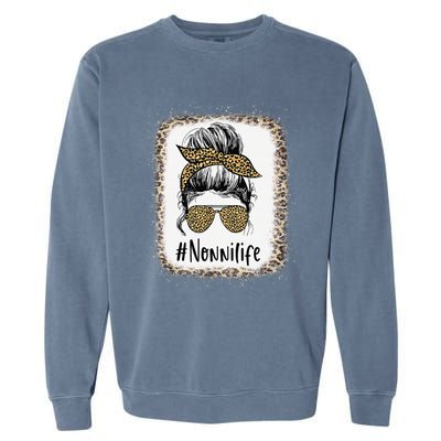 Bleached Nonni Life Messy Hair Bun Leopard Mother's Day Garment-Dyed Sweatshirt