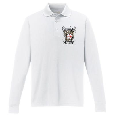 Baseball Nana Leopard Game Day Baseball Lover Mothers Day Performance Long Sleeve Polo