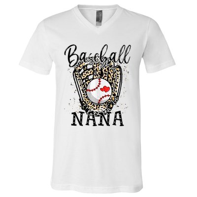 Baseball Nana Leopard Game Day Baseball Lover Mothers Day V-Neck T-Shirt