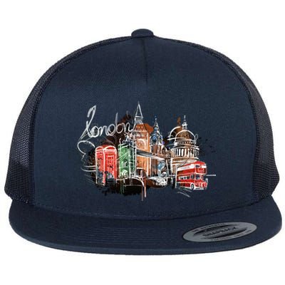 Beautiful Nighttime London England Colorful Artistic London Gift Flat Bill Trucker Hat