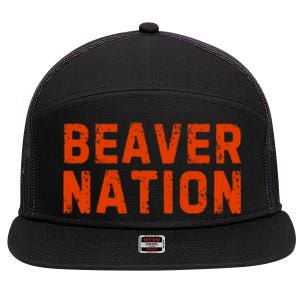 Beaver Nation Orange Distressed Font 7 Panel Mesh Trucker Snapback Hat