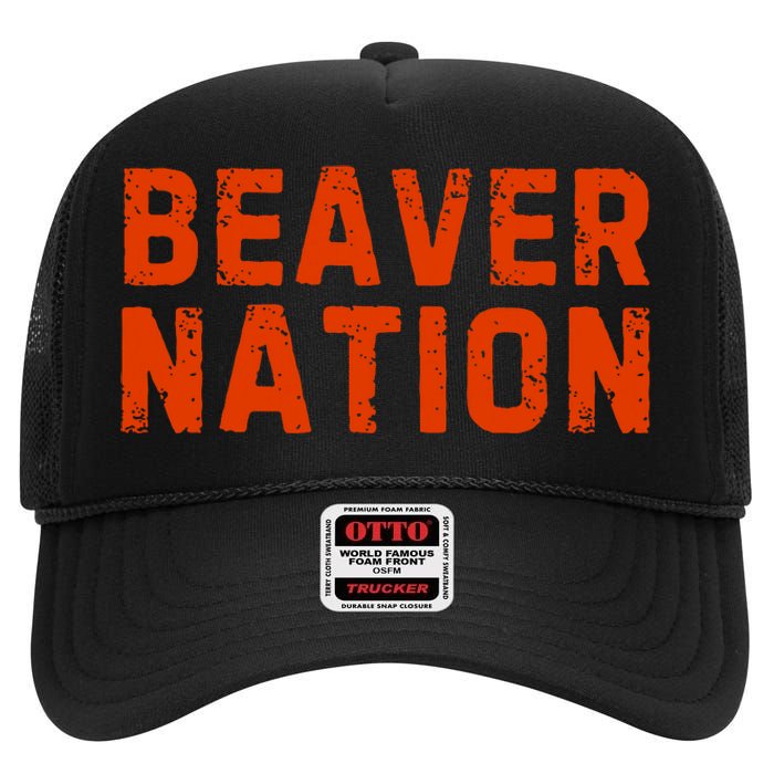 Beaver Nation Orange Distressed Font High Crown Mesh Back Trucker Hat