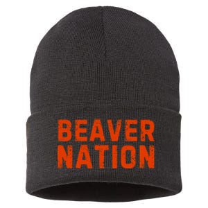 Beaver Nation Orange Distressed Font Sustainable Knit Beanie