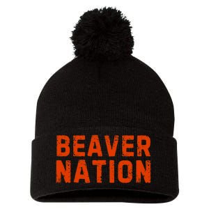 Beaver Nation Orange Distressed Font Pom Pom 12in Knit Beanie