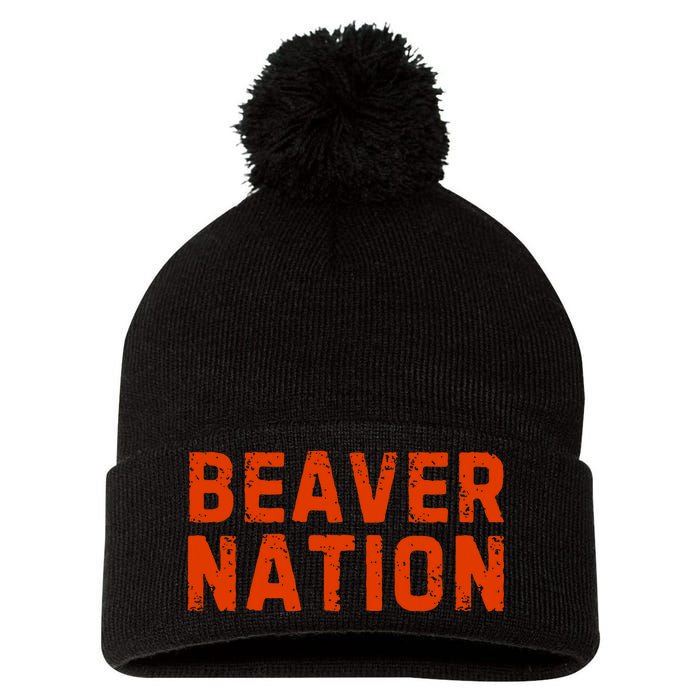 Beaver Nation Orange Distressed Font Pom Pom 12in Knit Beanie