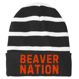 Beaver Nation Orange Distressed Font Striped Beanie with Solid Band