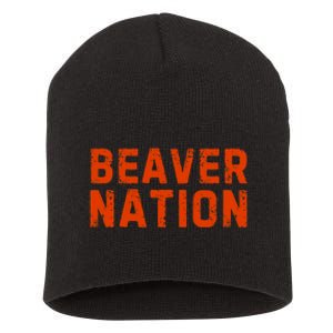 Beaver Nation Orange Distressed Font Short Acrylic Beanie