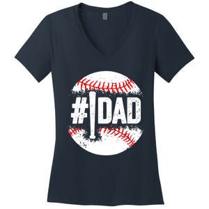 Baseball Number One Daddy Son Baseball Father's Day Women's V-Neck T-Shirt