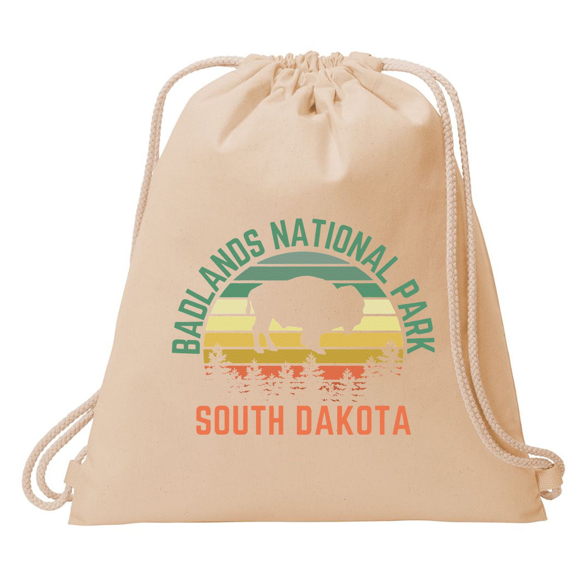 Badlands National Park South Dakota Buffalo Retro Sunset Drawstring Bag