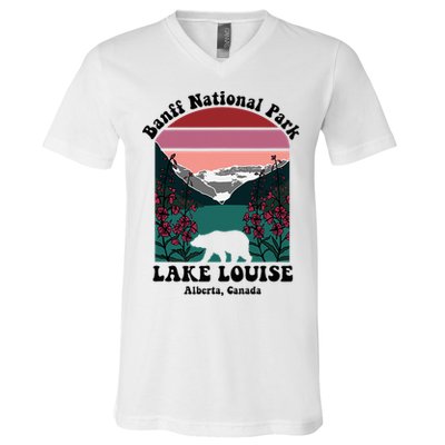 Banff National Park Lake Louise Retro Floral Mountain V-Neck T-Shirt