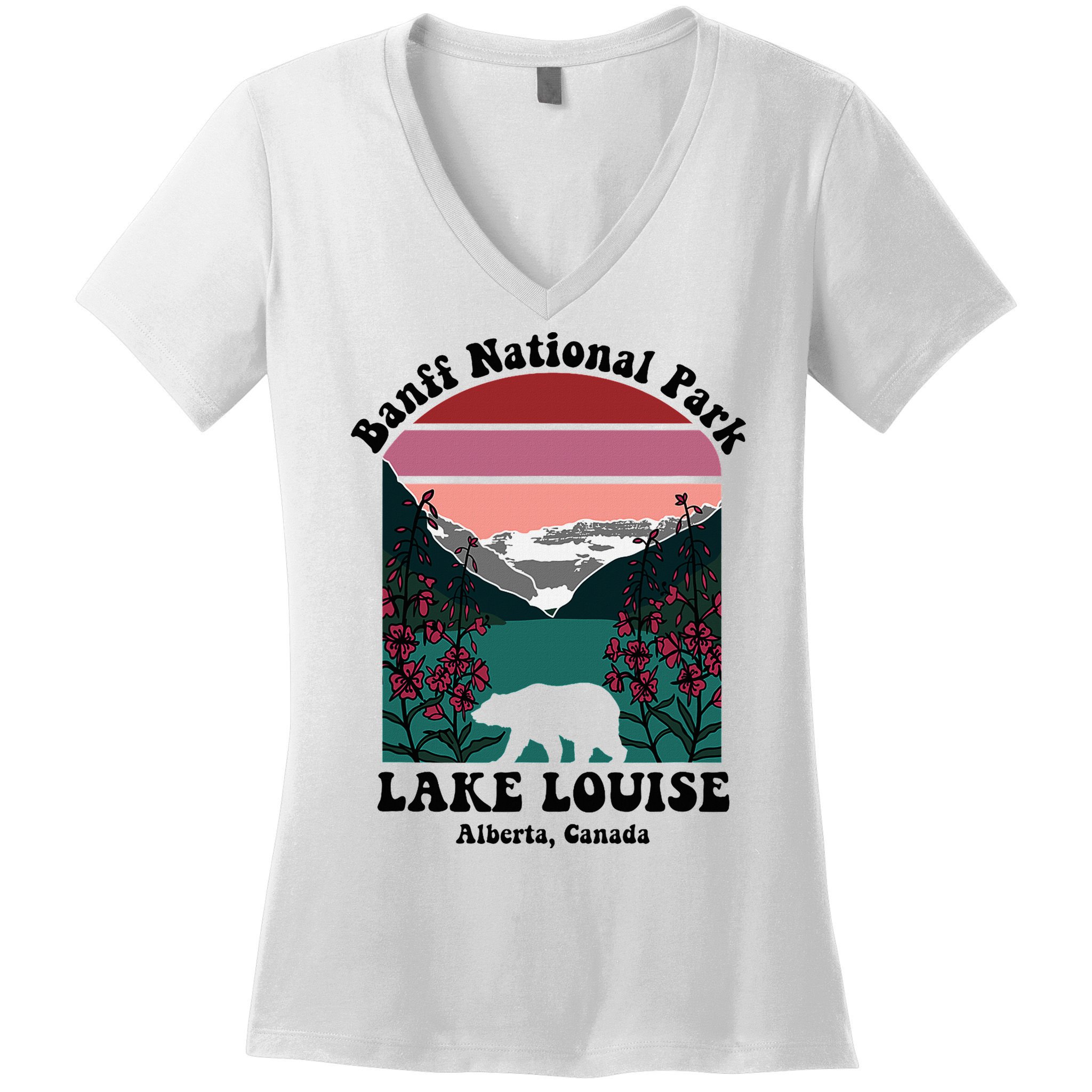 Banff National Park Lake Louise Retro Floral Mountain Women's V-Neck T-Shirt