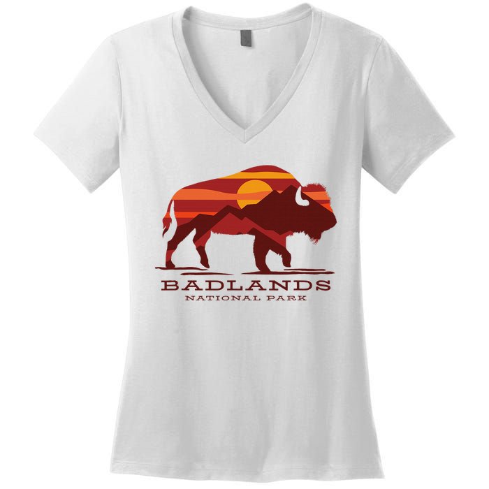 Badlands National Park South Dakota Buffalo Bison Sunset Women's V-Neck T-Shirt