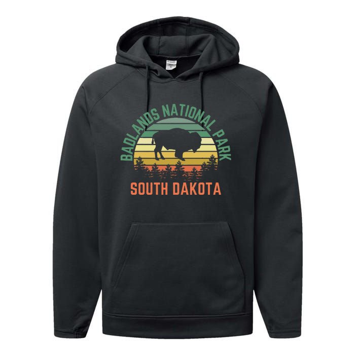 Badlands National Park South Dakota Buffalo Retro Sunset Performance Fleece Hoodie