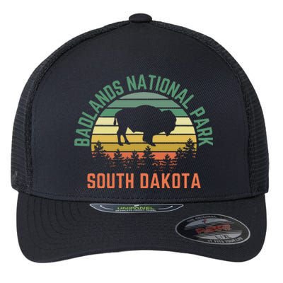 Badlands National Park South Dakota Buffalo Retro Sunset Flexfit Unipanel Trucker Cap