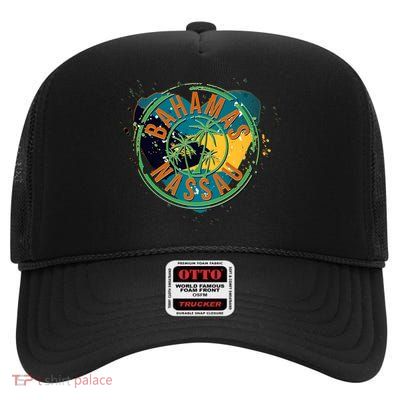 Bahamas Nassau Paint Stamp Emblem High Crown Mesh Back Trucker Hat