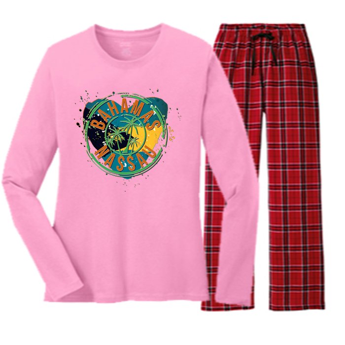 Bahamas Nassau Paint Stamp Emblem Women's Long Sleeve Flannel Pajama Set 