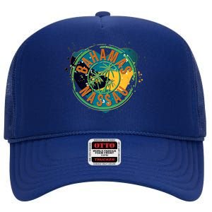 Bahamas Nassau Paint Stamp Emblem High Crown Mesh Back Trucker Hat