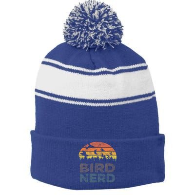 Bird Nerd Retro Vintage Distressed Bird Watcher Watching Gift Stripe Pom Pom Beanie