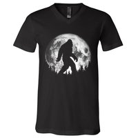 Bigfoot Night Stroll! Cool Full Moon & Trees Sasquatch V-Neck T-Shirt