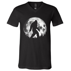 Bigfoot Night Stroll! Cool Full Moon Night & Trees Sasquatch V-Neck T-Shirt