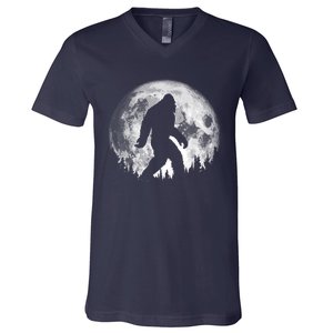 Bigfoot Night Stroll! Cool Full Moon & Trees Sasquatch V-Neck T-Shirt