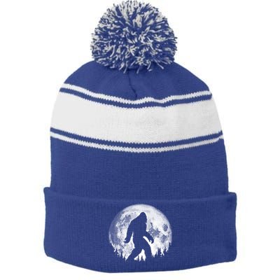 Bigfoot Night Stroll! Cool Full Moon And Trees Sasquatch Cute Gift Stripe Pom Pom Beanie