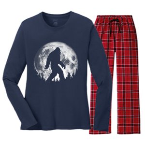 Bigfoot Night Stroll! Cool Full Moon & Trees Sasquatch Women's Long Sleeve Flannel Pajama Set 