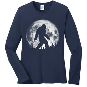 Bigfoot Night Stroll! Cool Full Moon & Trees Sasquatch Ladies Long Sleeve Shirt