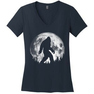 Bigfoot Night Stroll! Cool Full Moon & Trees Sasquatch Women's V-Neck T-Shirt