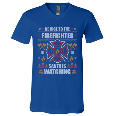 Be Nice To The Firefighter Fir Ugly Christmas Gift V-Neck T-Shirt