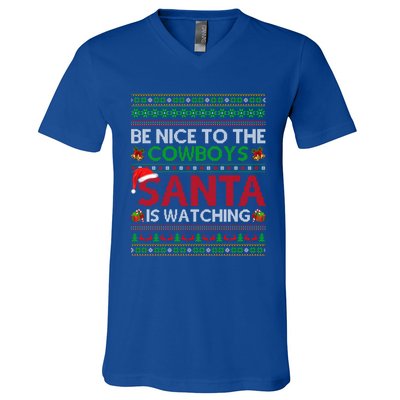 Be Nice To The Cow Santa Is Watching Ugly Christmas Gift V-Neck T-Shirt